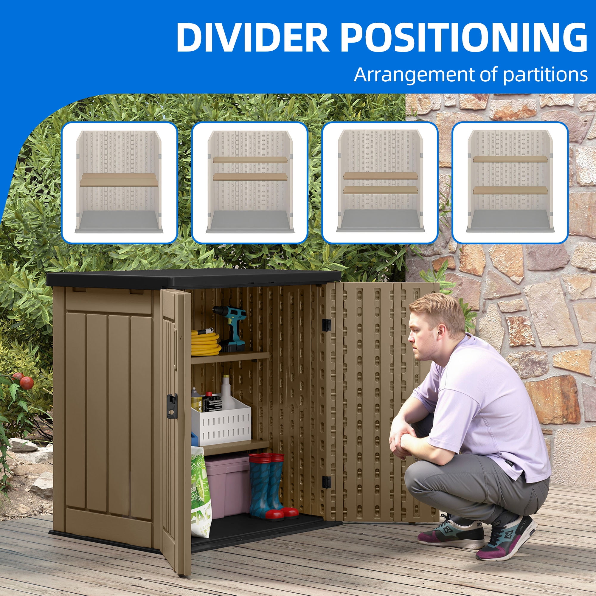 Dextrus Weatherproof Outdoor Storage Shed with 2 Shelves & Lockable Lid for Patio & Garden, Brown