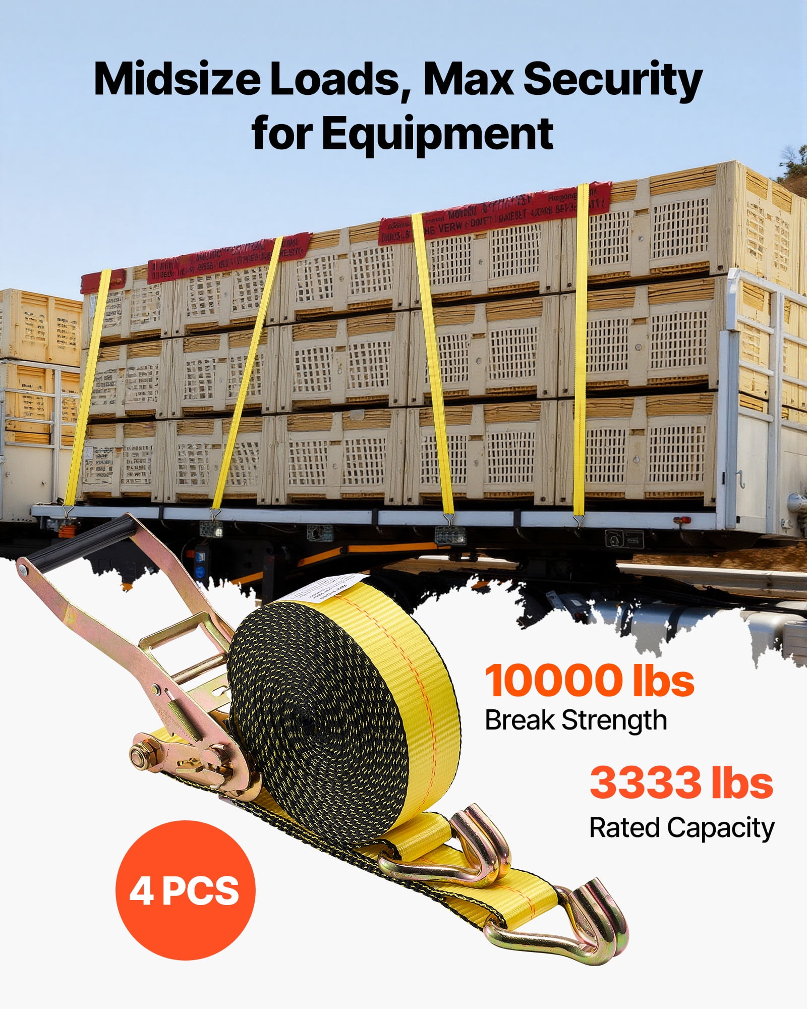 VEVOR Ratchet Straps, 2in x 30ft, Heavy Duty Tie Down Straps with Double J Hook, 10,000 lbs Break Strength, Carry Bag, Tie Down Ratcheting for Moving, Trailers, Motorcycles, Kayaks, Car Roof, 4 Pack