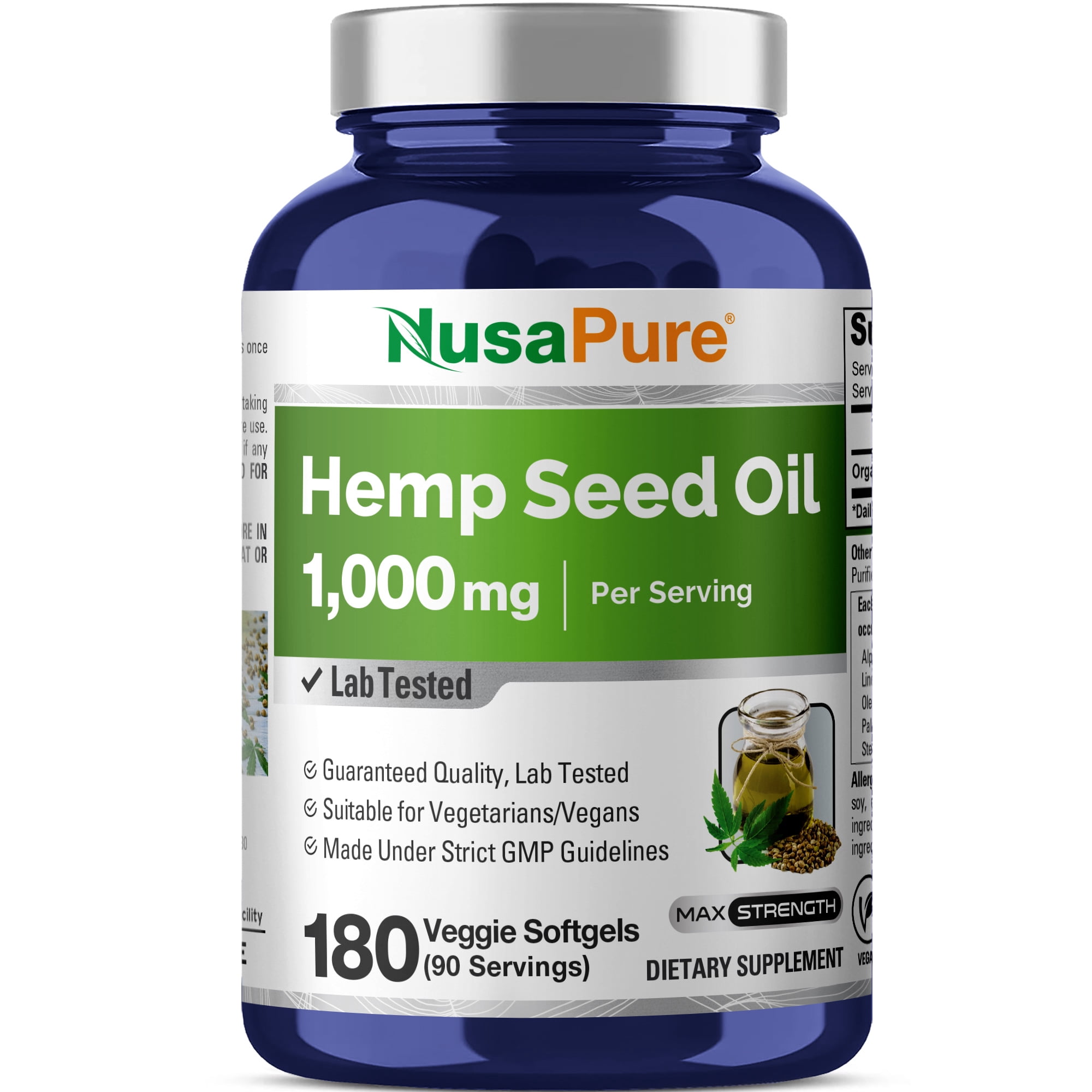 NusaPure Hemp Oil 1,000mg Per Serving, 180 Veggie Softgels, Non-GMO, Vegan