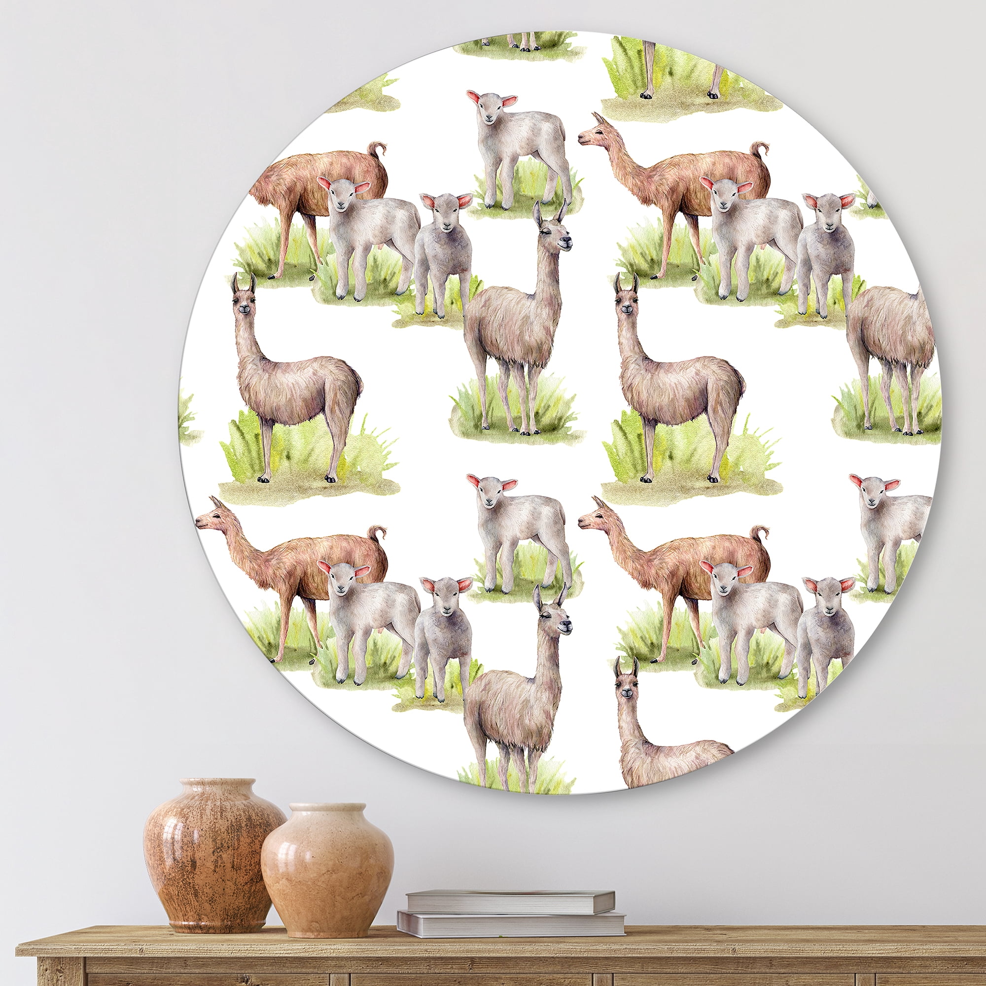 Designart 'Lambs and Lamas On A Green Meadow' Farmhouse Circle Metal Wall Art 23x23 - Disc of 23