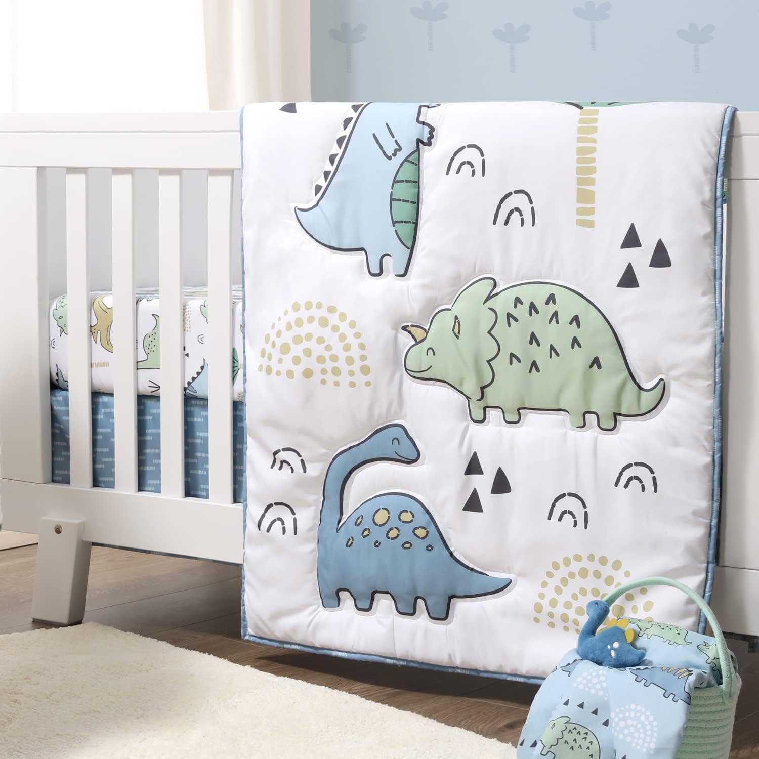 5 Piece Baby Crib Bedding Set for Boys - Newborn, Infant & Toddler Nursery Bed Set Decor with Fitted Crib Sheets, Blanket, Dust Ruffle Comforter - Blue Dino