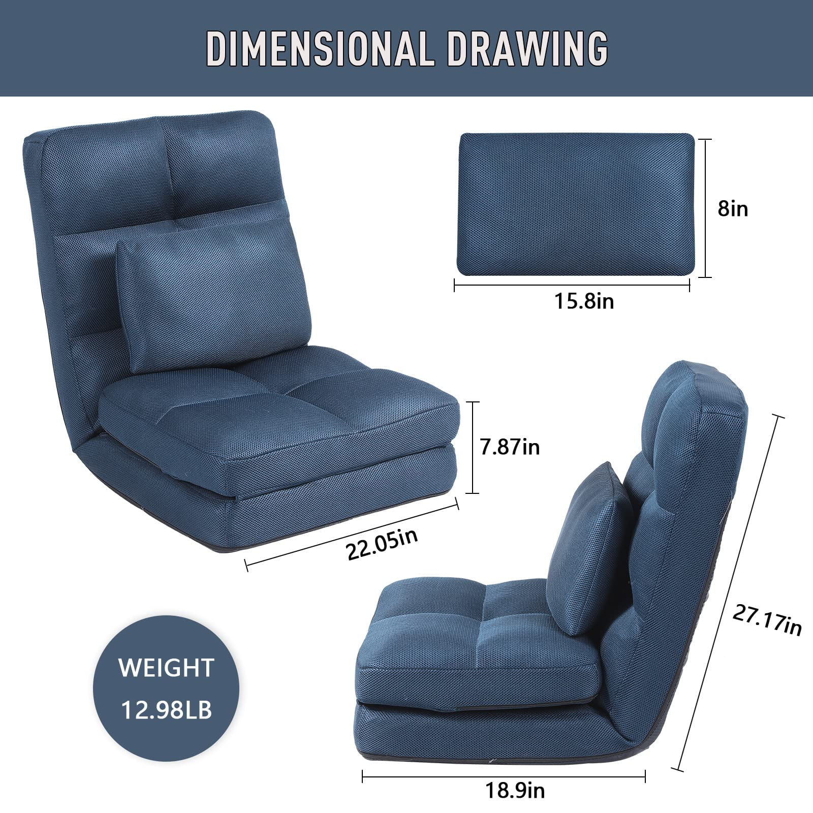 Floor Chair with Back Support for Adults Adjustable 14 Positions Video Game Chairs Foldable Floor Lounger with Pillow