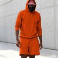 thumbnail image 4 of Dqueduo Men's Casual Sets, Solid Color Hooded Long Sleeve Hoodie with Drawstring Elastic Waist Shorts, Loose Oversized Two-Piece Hoodie and Shorts Set, 4 of 6