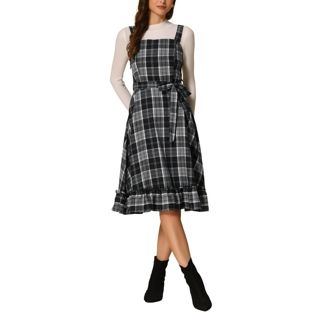 Vestido Vintage a Cuadros INSPIRE CHIC para Mujeres con Volantes, Sin Mangas, Cintura Ajustable, Corte A, Pinafore, Talla XL, Negro y Blanco