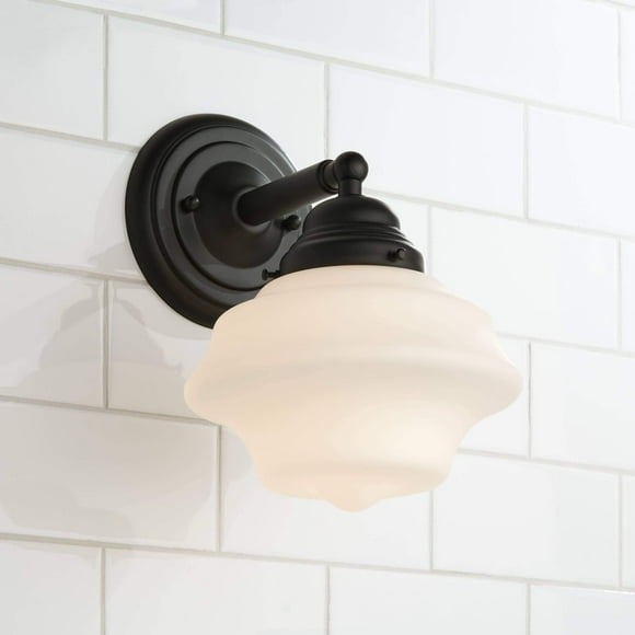 Possini Euro Design Applique Murale Moderne Astrid Métal Noir Filaire 7 1/2 Pouces Large Luminaire École Verre Opale Blanc Décoration pour Chambre Salle de Bain Coiffeuse Lecture Salon Couloir