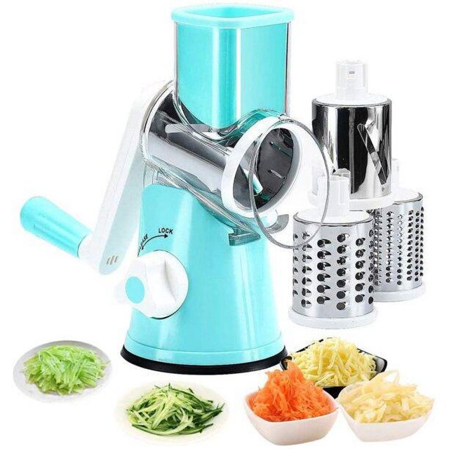 Robot Culinaire de Cuisine Compact Bleu à Manivelle avec 3 Lames de Tambour - Râpe Trancheuse Rotative Multifonction pour Fromage, Légumes, Pommes de Terre, Noix - Mandoline à Base d'Aspiration Efficace, Facile à Nettoyer &