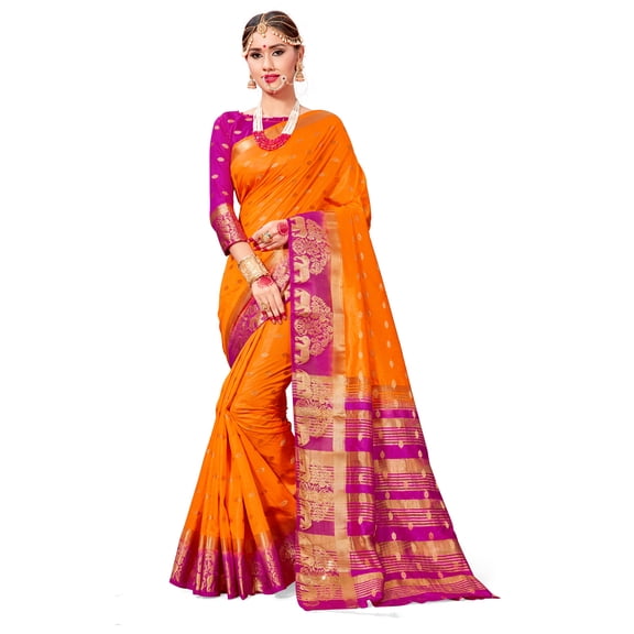 Sarees for Women Banarasi Art Silk Woven Saree l Indian Wedding Gift Sari with Unstitched Blouse Orange