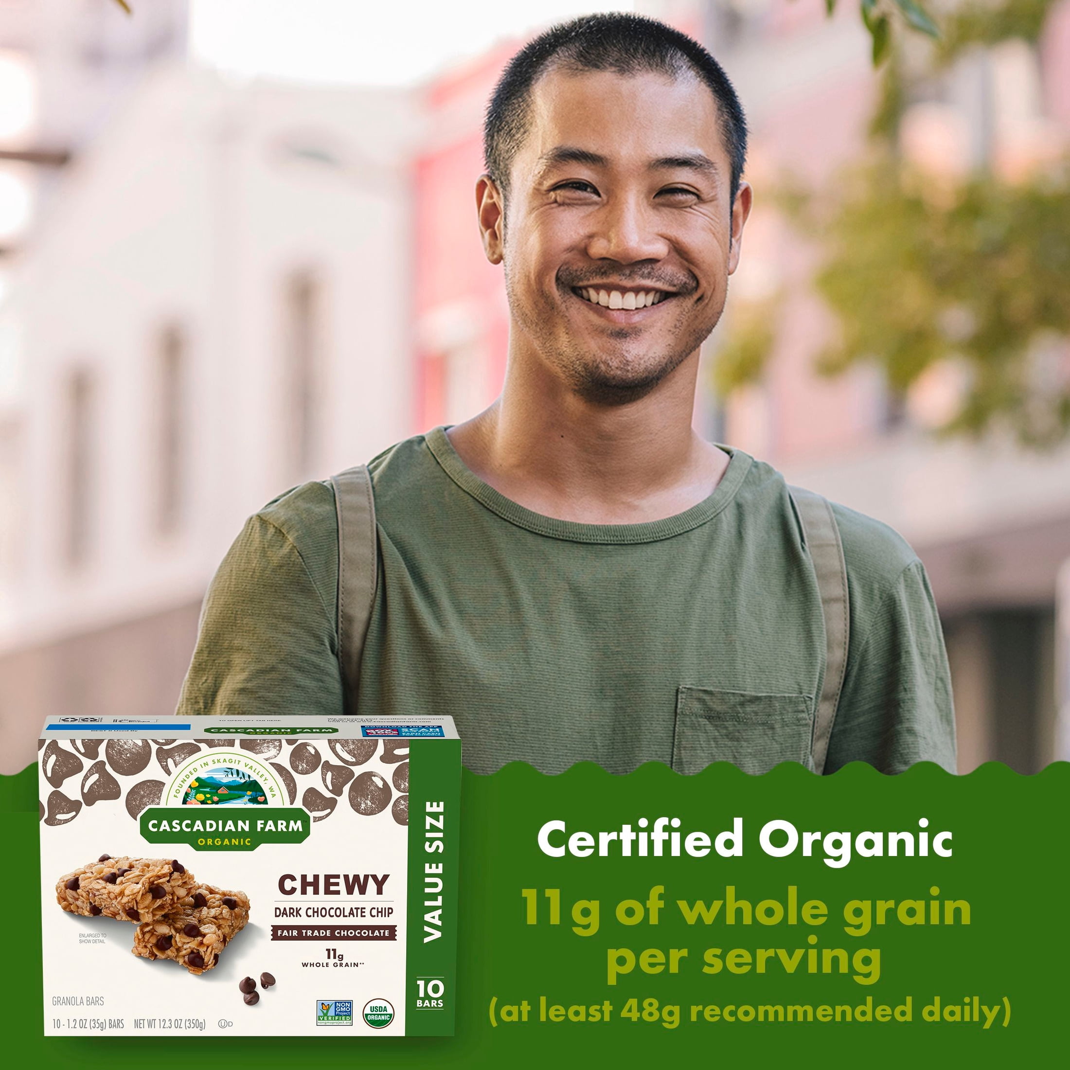 (2 pack) Cascadian Farm Organic Chewy Granola Bars, Dark Chocolate Chip, 10 Bars, 12.3 oz