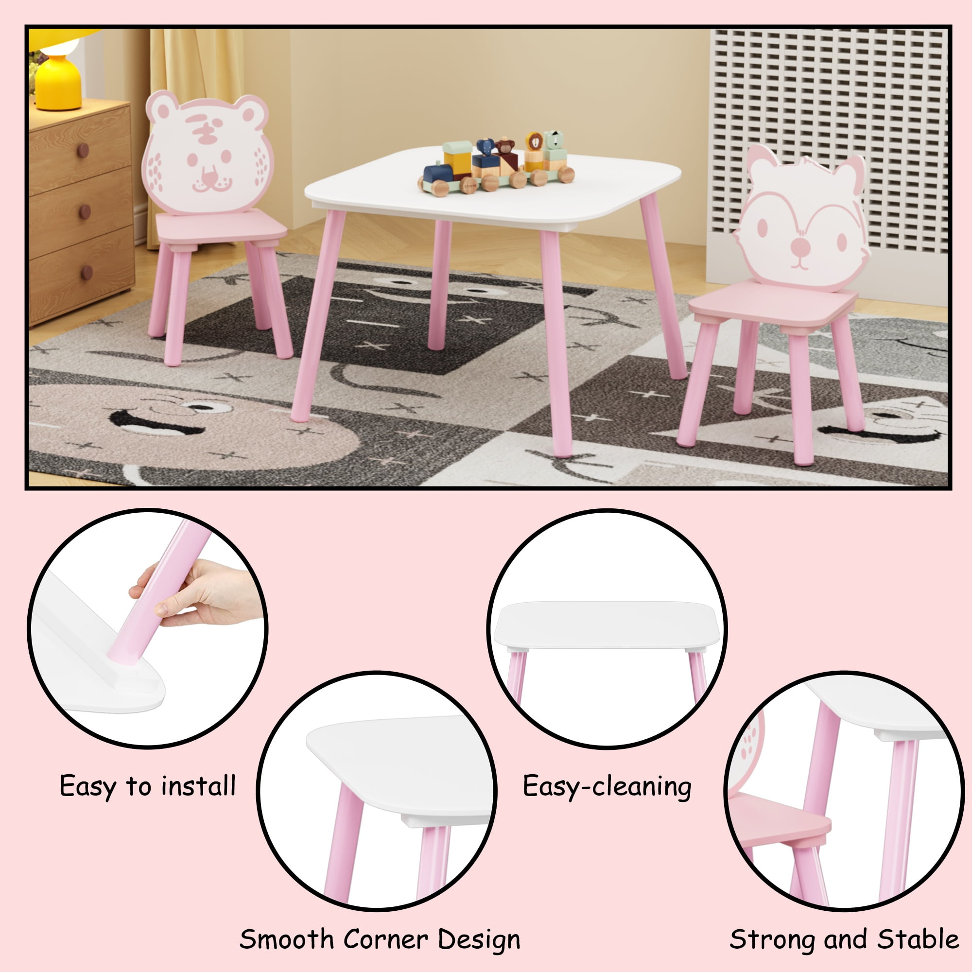 Table and 2 Chairs for Kids 2-5, SHINPT Baby Table and Chair Set, 3 Pieces Toddler Play Table, Kids Art Table and Chair Set for Game Room, Children's Room, Wooden Activity Play Table Set for Gift