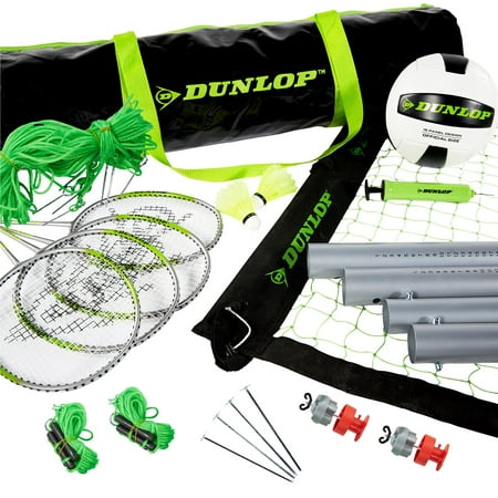 Dunlop Premium Quick Setup Steel Poles Volleyball & Badminton Combo Set with Carry Bag, One-Piece Aluminum-alloy rackets, Synthetic Leather Volleyball and Official Size Boundary