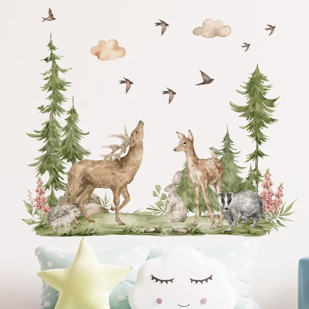 Mountain Tree Wall Stickers Large Pine Tree Forest Animal Wall Decals deer Wall Stickers and Stick Wall Art Decals for Kids Room Baby Nursery Bedroom