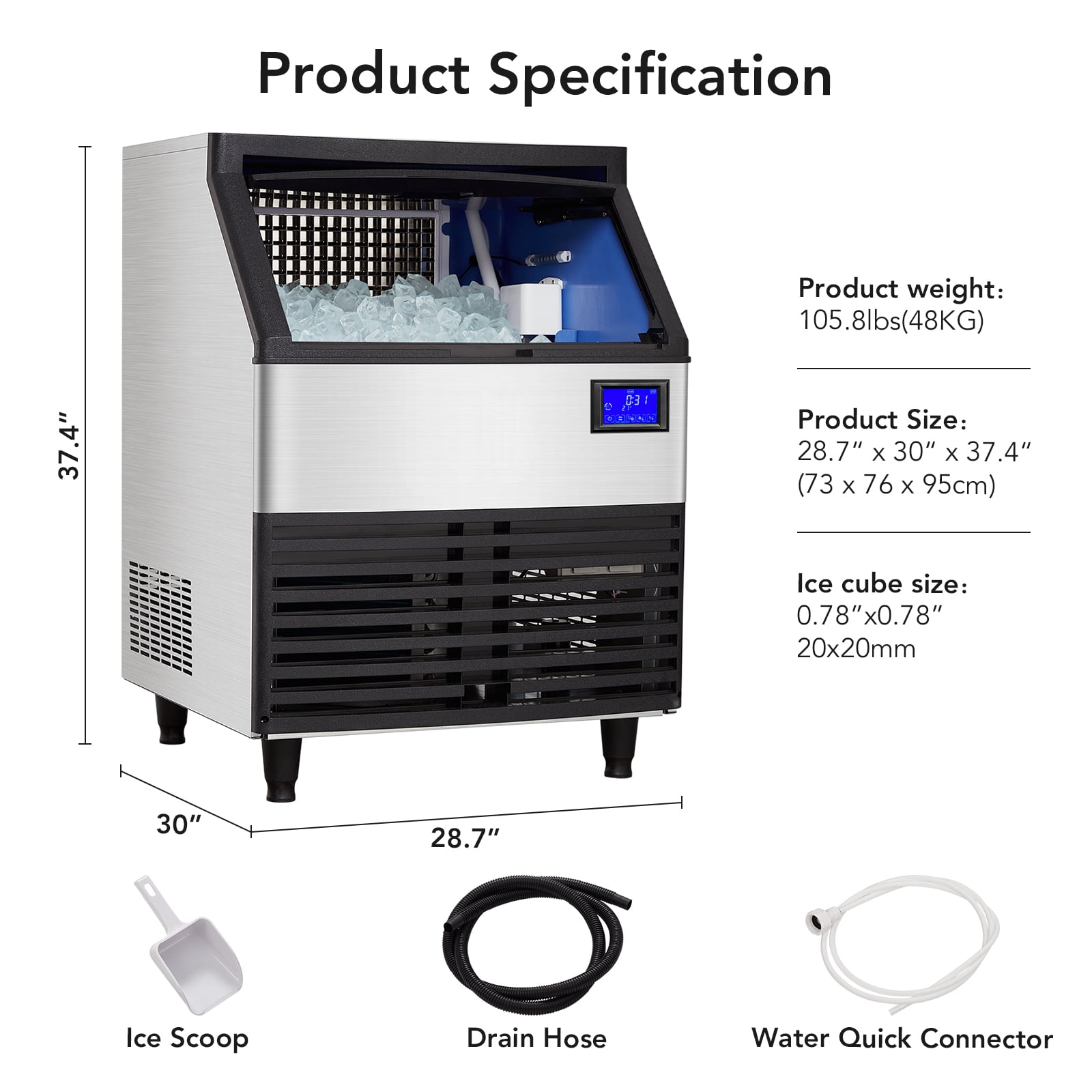 Commercial Ice Maker Machine 176LBS/24h with 99LBS Storage, Freestanding Ice Makers for Home Bar Restaurant Café, Stainless Steel Ice Cube Maker Machine LCD Panel