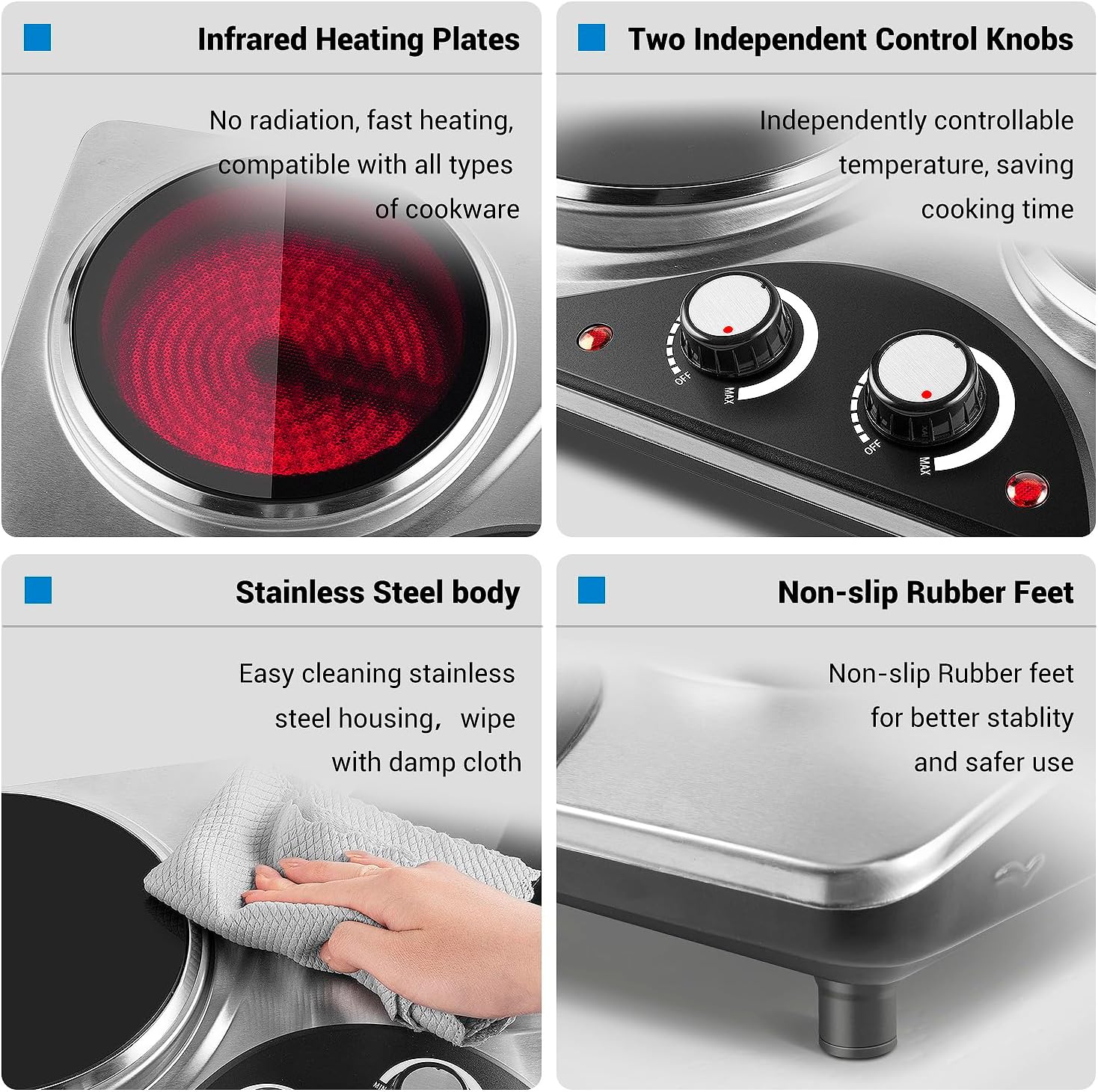 Electric Double Hot Plate, Portable Ceramic Cooktop with Dual Control, 1800W High Power for All Cookware, Silver
