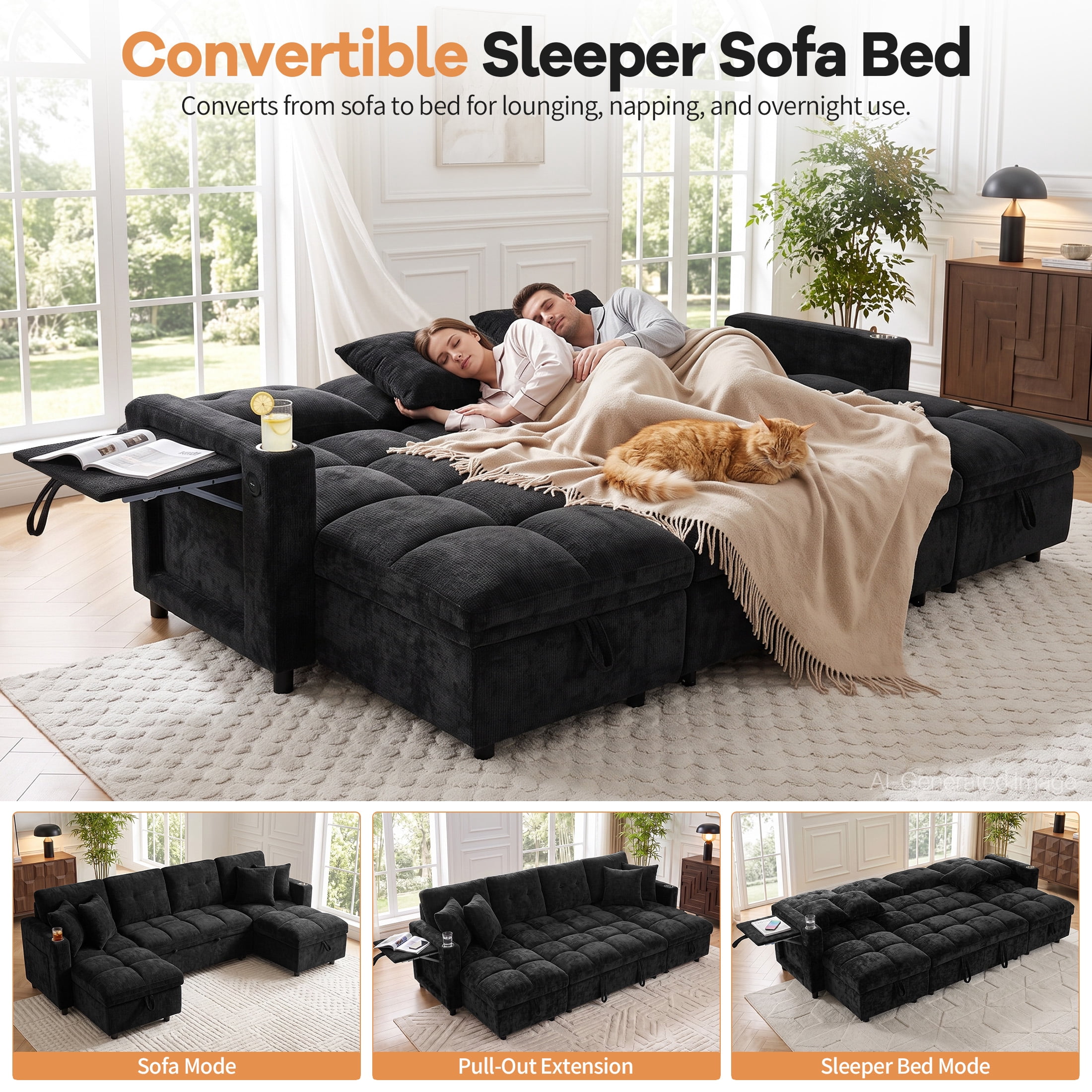 Aenkyo 108" Chenille U-Shaped Sectional Pull Out Sofa Bed with Dual Storage Chaises, Black