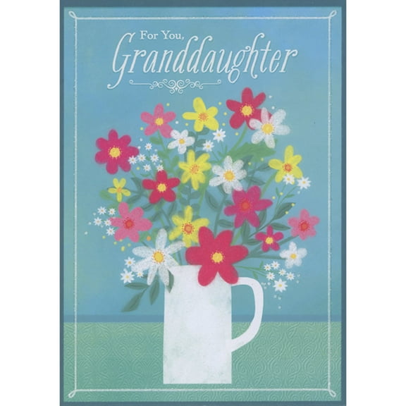 Designer Greetings Pink, Red, Yellow, and White Flowers in White Mug on Blue Mother's Day Card for Granddaughter
