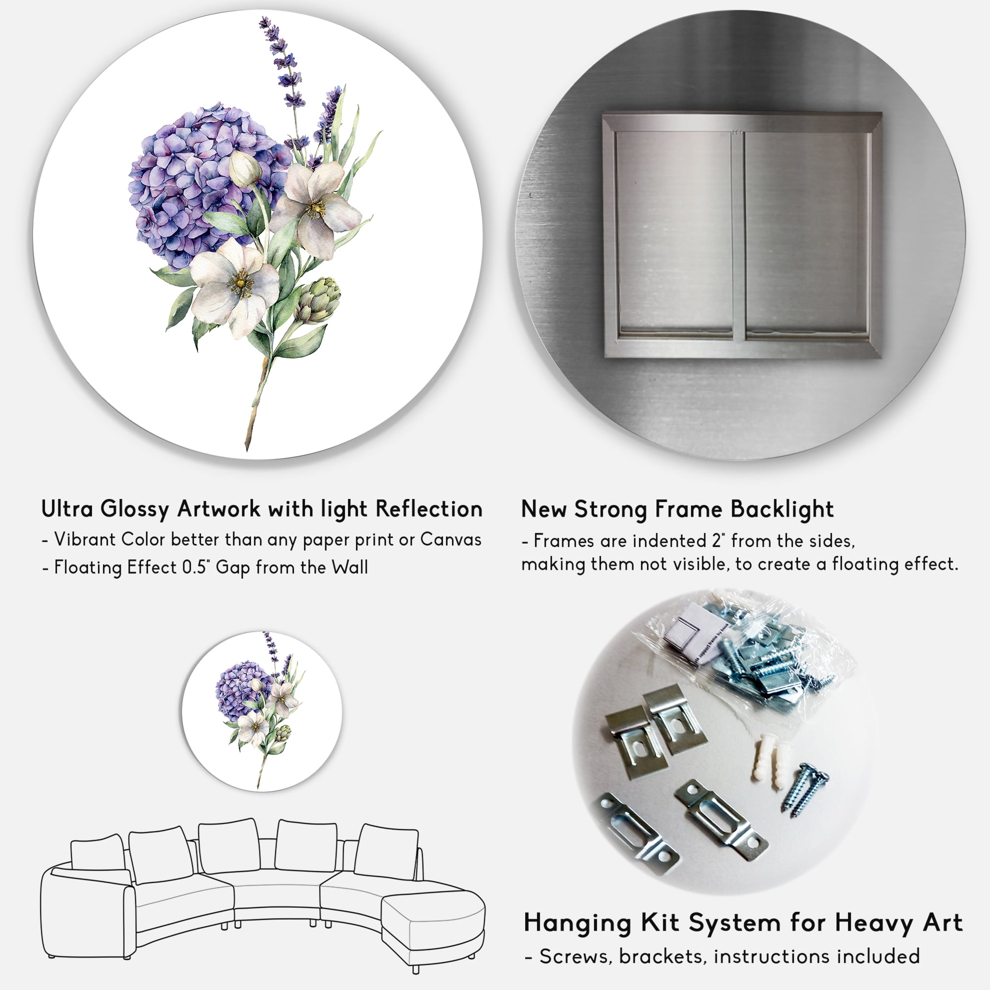Designart 'Bouquet Of Lavender Anemone Artichoke & Hydrangea ' Traditional Circle Metal Wall Art 11x11 - Disc of 11