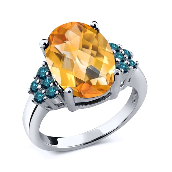 Gem Stone King 6.06 Ct Oval Checkerboard Yellow Citrine Blue Diamond 925 Sterling Silver Ring (Size 8)