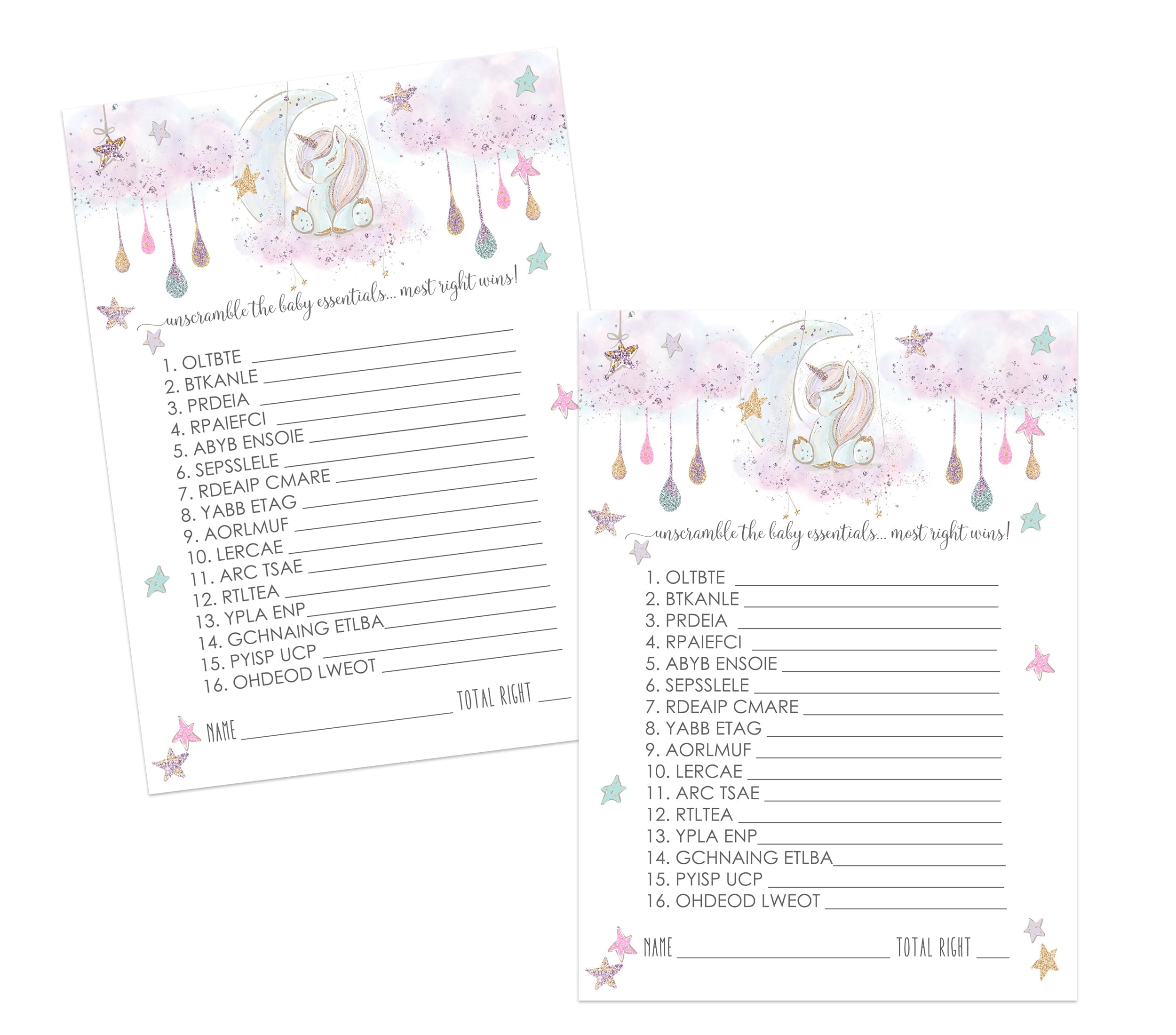 Unicorn Word Scramble for Baby Shower Game Cards 25 Pack Girls Unscramble Activity Gender Reveal - Whimsical Star Moon Theme - Printed 5x7 Size Set - Paper Clever Party