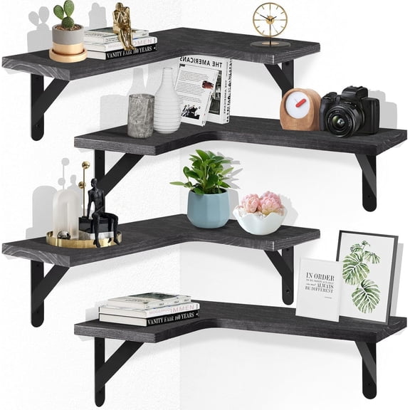 Corner Floating Shelves Set of 4,L-Shaped Wall Mounted Shelf,Rustic Wood Corner Shelvesfor Wall Storage and Decor,Wall Mounted Wood Shelves for Kitchen Living Room Bedroom,Black