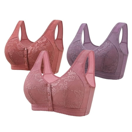 REORIAFEE Women s Bras 3PC Front Closure Wirefree Gathered Together Bras Lace embroidery Brassiere Breathable Wide Strap Comfy Corset Underwear Classic Comfortable Support Lingerie Purple 50/115