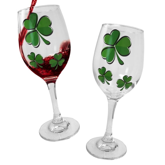 Shamrock Wine Glasses - Set of 2 - Stemmed Irish Wine Glasses - Irish Cheer - St. Patrick's Day Celebration 12 oz