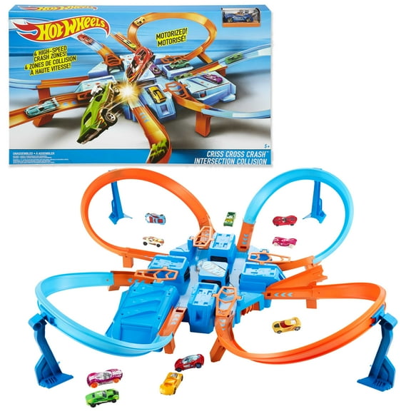 Hot Wheels® Track Set with 1:64 Scale Toy Car, Criss-Cross Crash Track with Motorized Booster