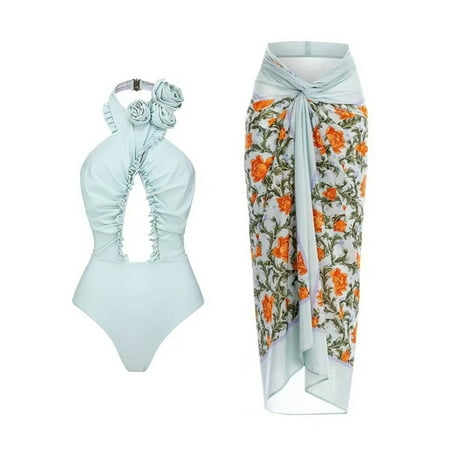 SKSloeg Tummy Control Swimsuits for Women Women One Piece Swimsuit with Matching Cover Ups Floral Sexy Bikini Sets High Cut Push Up Two Pieces Monokini Bathing Suit Light Blue M