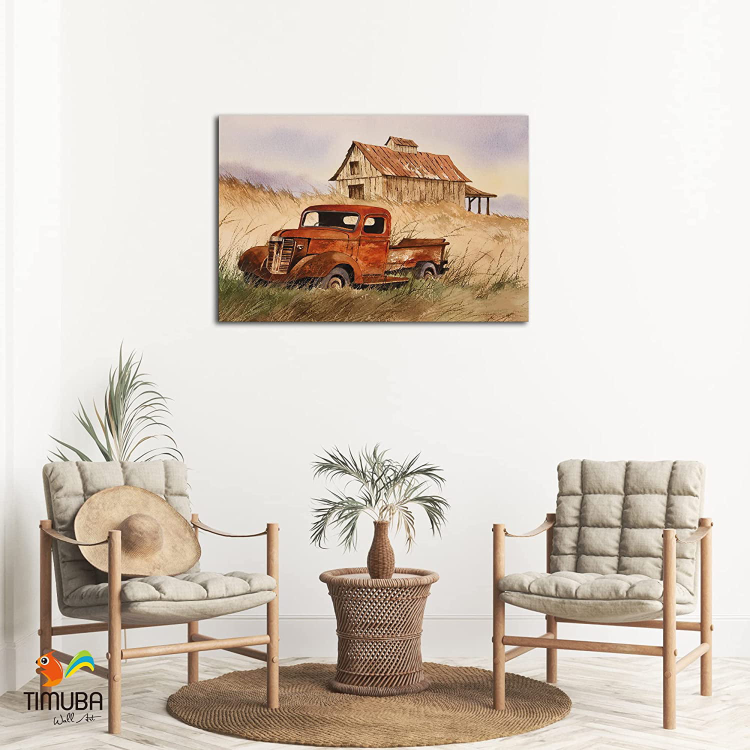 TIMUBA Farmhouse Truck Flowers Canvas Wall Art Barn Old Car and Flowers Pictures Wall Decor Canvas Prints for Walls, Framed Artwork for Living Room - 2