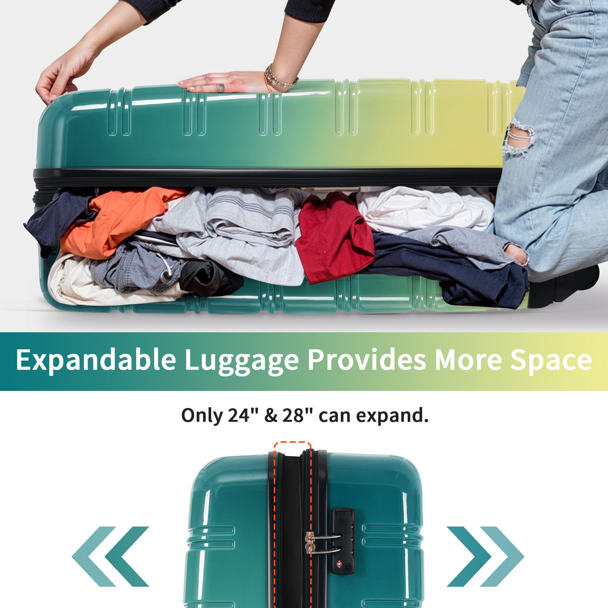 PAPROOS 3-Piece Luggage Set (20"/24"/28"), Hardshell Lightweight Suitcase with TSA-Lock and Spinner Wheels, Expandable Travel Luggage for School, Travel, Green + Yellow