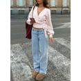 thumbnail image 4 of Women'S V Neck Wrap Sweater Long Lantern Sleeve Cinched Waist Crop Tops Fall Knitwear Pink XL, 4 of 8