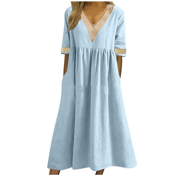 asdoklhq Spring Dresses for Women 2026 Women's Summer New Solid Color Short-sleeved Lace-neck Waistline Hem Dress Light Blue L