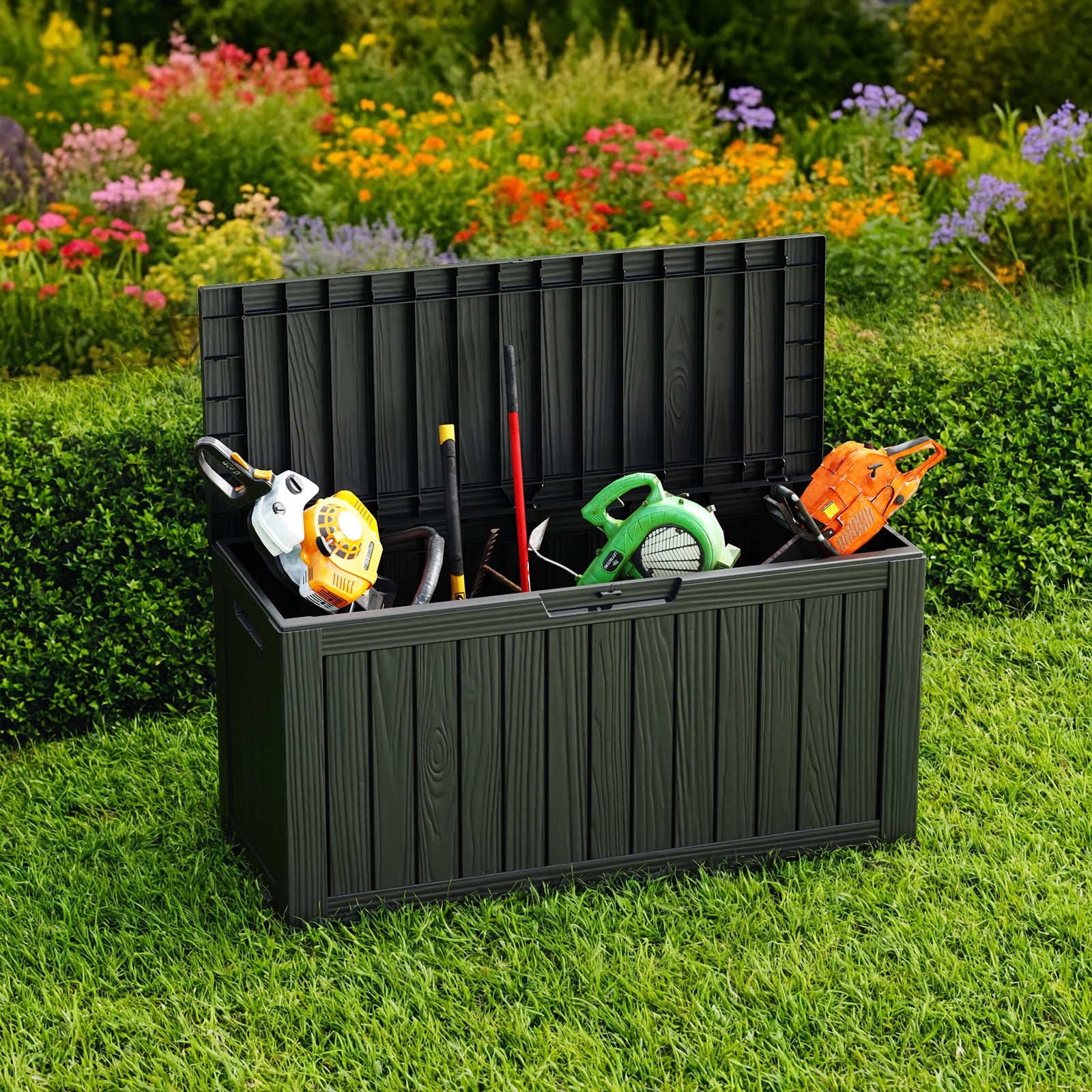 EASY UP 75gallon outdoor resin deck box, weather-resistant and lockable with wheels, suitable for storing tools, clothing, and packages; ideal for    gardens, and bedrooms (black).Father's Day Gift
