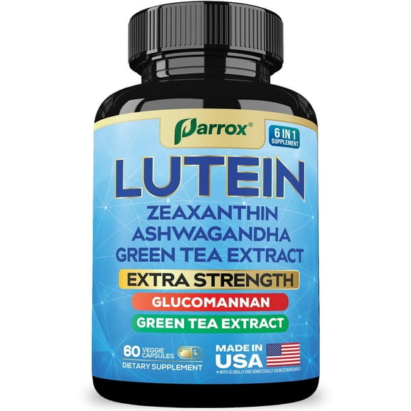 Parrox Lutein Supplement with Zeaxanthin, Ashwagandha, Saffron, Green Tea Extract, Glucomannan, Eye Vitamins for Adults, Vision Health Supplement, Plant-Based Formula for Daily Support (60 Caps)