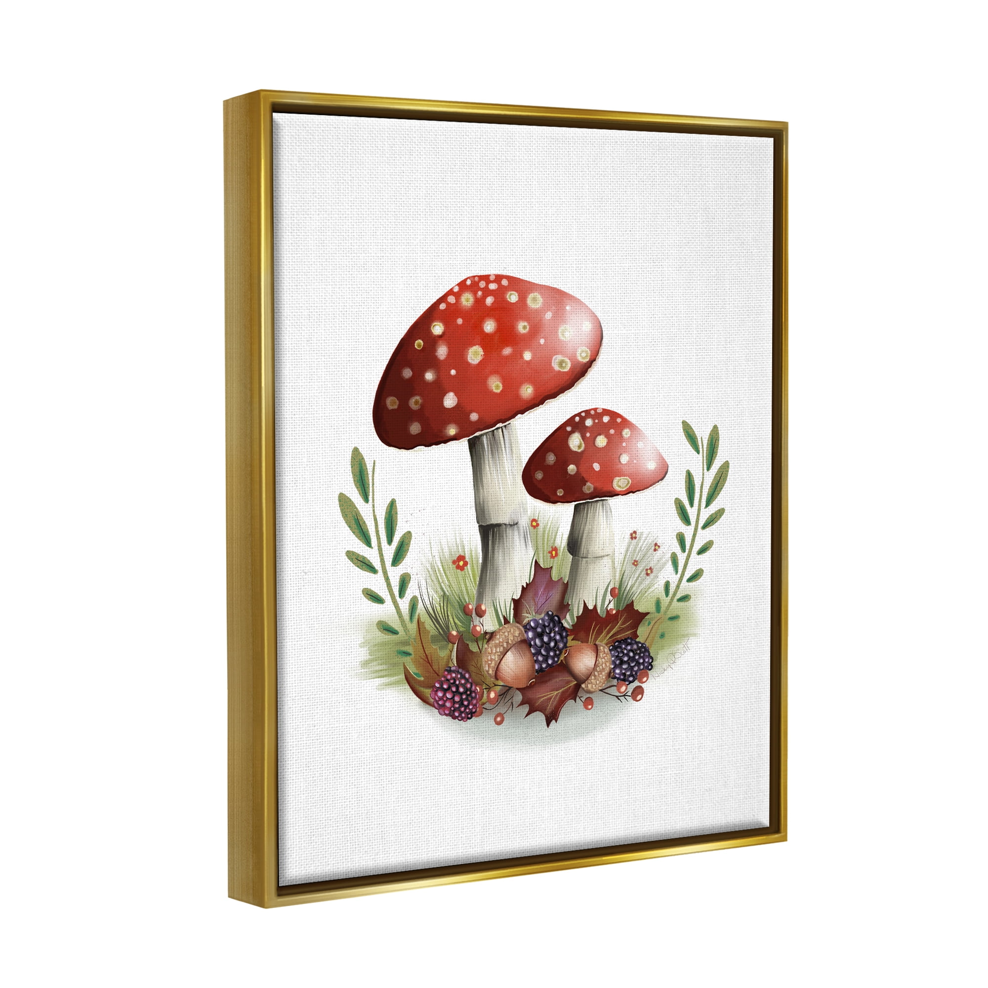 Stupell Industries Red Mushrooms & Acorns Botanical & Floral Painting Gold Floater Framed Canvas Art Print Wall Art, 17 x 21