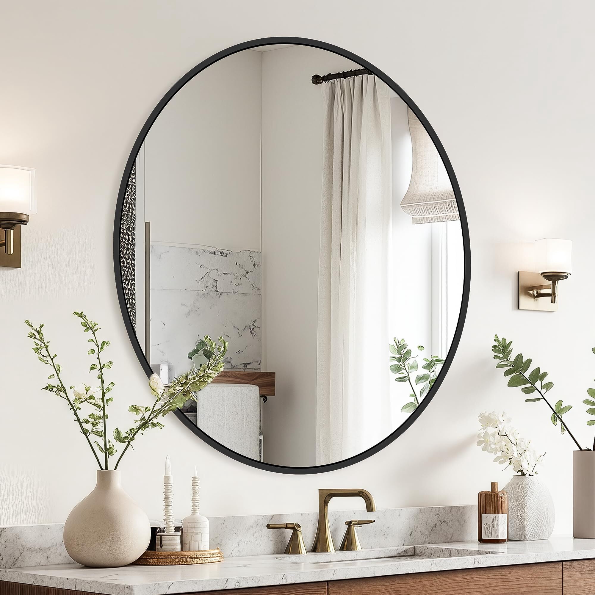 Gleamira 18" Round Wall Vanity Mirror Bathroom Mirror with Aluminum Alloy Frame, Black