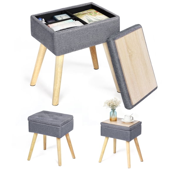 Storage Ottoman Vanity Stool with Storage, Linen Look Padded Foot Stool with Wood Legs, Removable Divider Storage Footrest for Bedroom, Living Room, Entryway, Gray