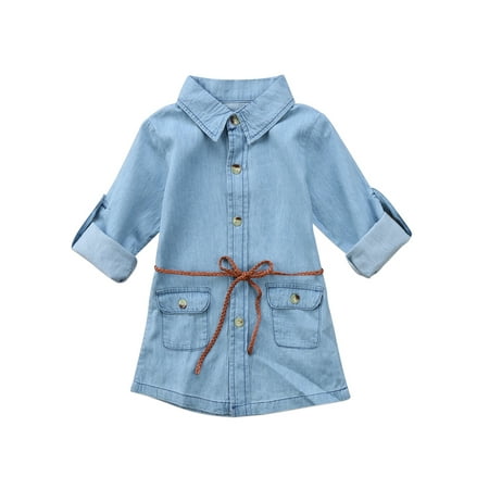 

Girls Denim Short Mini Dress Jean Long Sleeve Belt Cute Casual Party Dress
