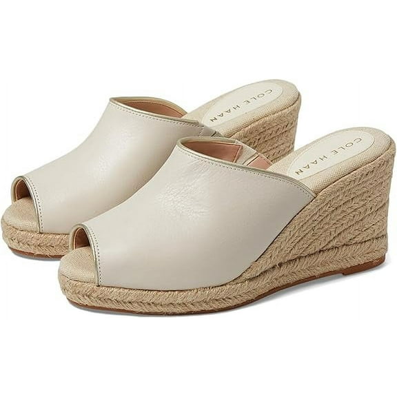 Cole Haan Cloudfeel Southcrest Ivory Leather Peep Toe Slip On Wedge Heel Sandals (Ivory Leather, 5)
