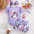 thumbnail image 2 of CAUYDY Little Kid Baby Girl Summer Short Sleeve Romper & Graphic Elastic Shorts & Headband 3Pcs Outfit Set for Newborn Toddler Girls 3-24Months (Sizes 12-18 Months,P5-Purple), 2 of 9