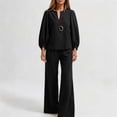 thumbnail image 6 of Womens Casual Two-Piece Outfit V-Neck Long Sleeve Top High Waist Straight Leg Pants with Pockets Cotton Linen Set Black M(M), 6 of 6