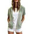 thumbnail image 2 of thefmos Women Summer Fall Short Sleeve Hooded Zip Open Front Casual Basic Solid Trendy Tops Hoodie Casual Sweatshirt Jacket, Green L, 2 of 7