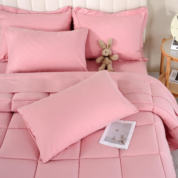 Juego de edredón DOWNCOOL de microfibra rosa de tamaño completo, 7 piezas