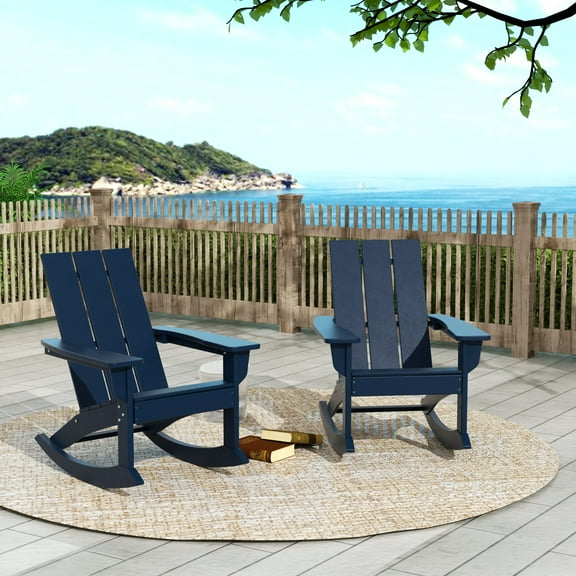 GARDEN Set of 2 Modern Plastic Outdoor Rocking Chairs for Patio Porch, Navy Blue