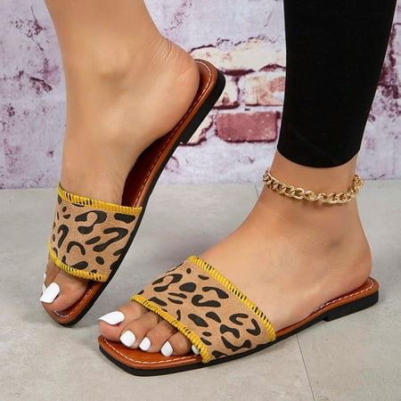 

amlbb Flat Sandals for Women Fashion Flat Slippers Square-toe Leopard Print Casual Slippers Sandals Women