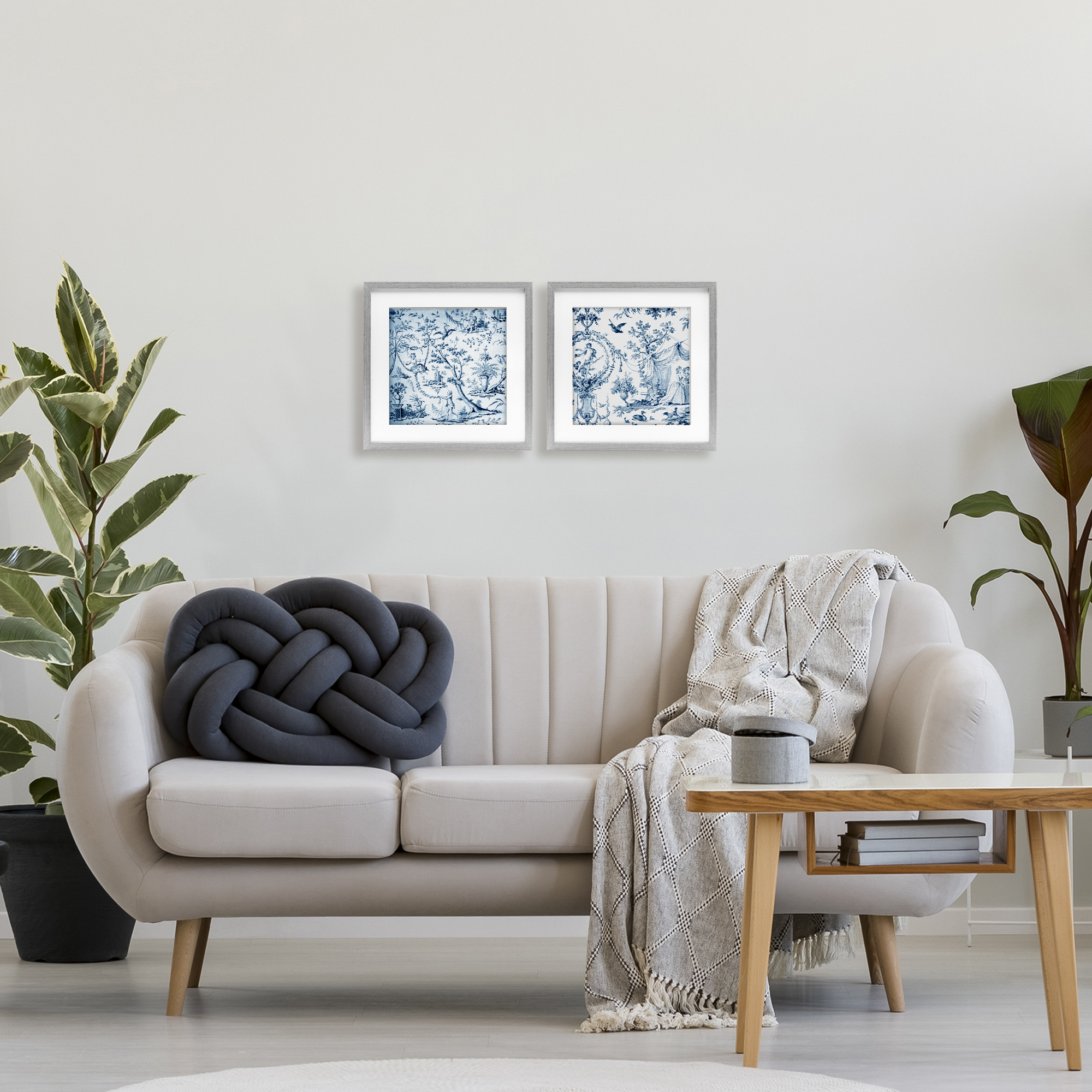 Intricate Toile Scenery 2 Piece Gray Framed Print Under Glass Set, design by Vintage Hustle