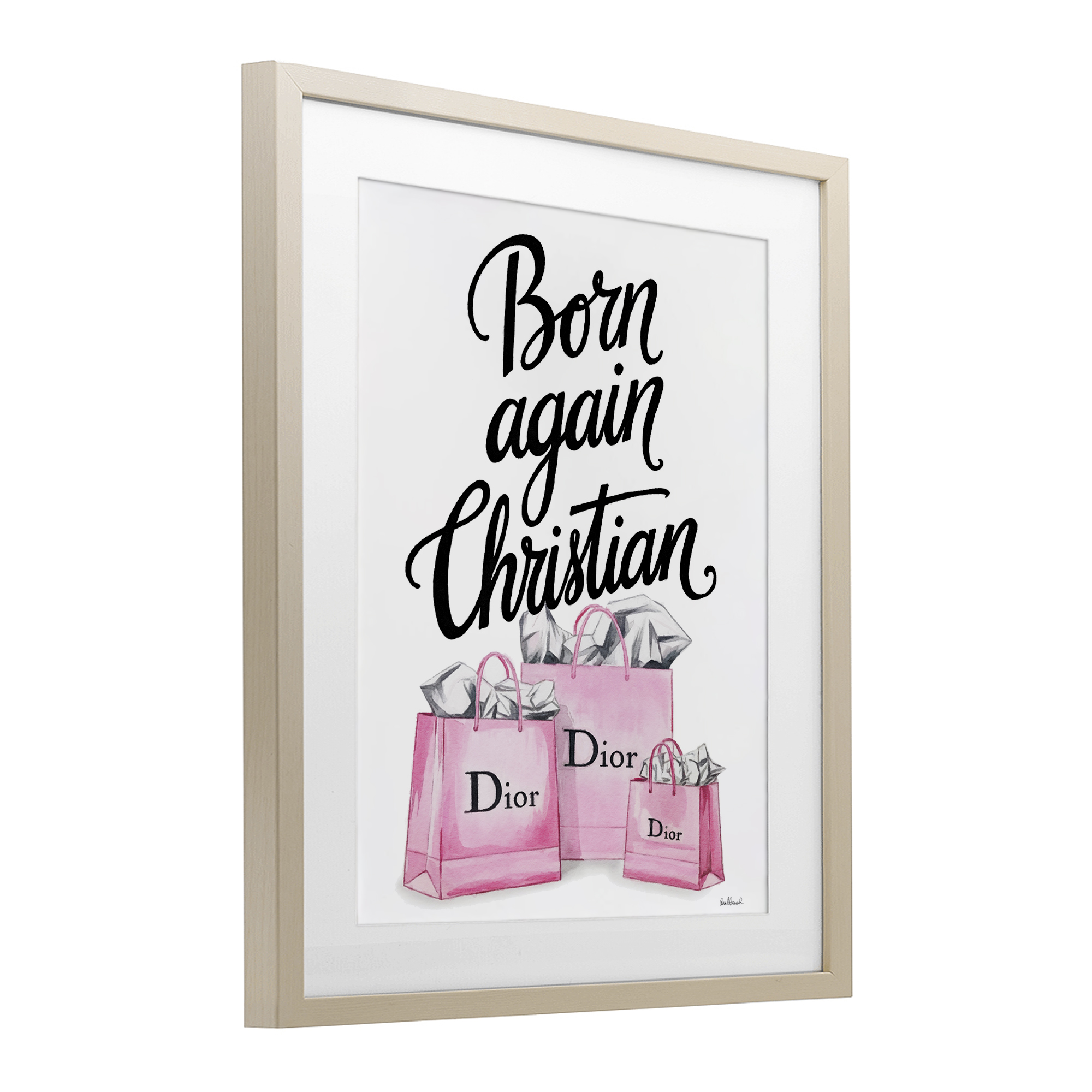 Pink Bags Born Again Christian Birch Framed Print Under Glass, design by Amanda Greenwood