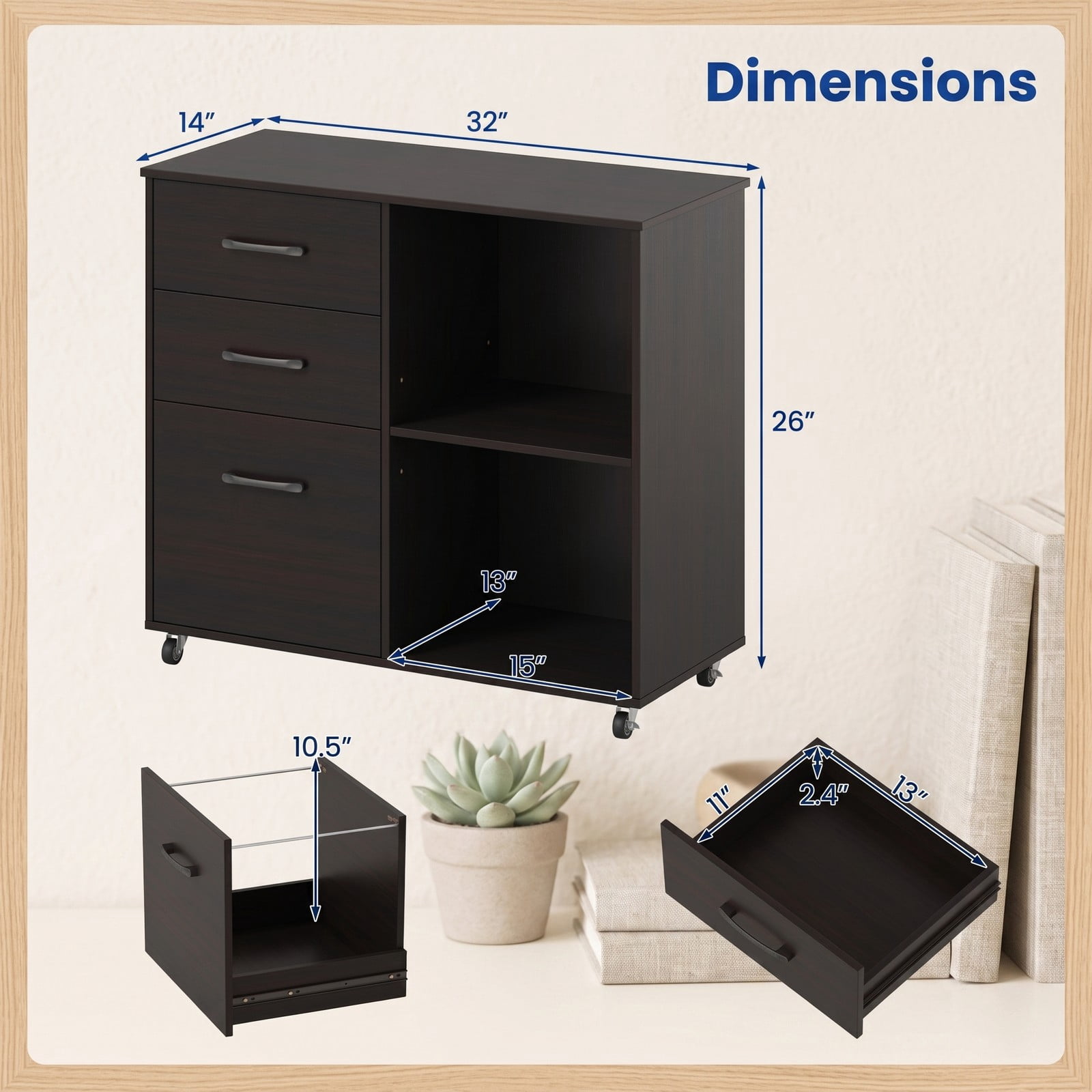 Furnibear 3-Drawer Mobile Lateral File Cabinet Printer Stand, Rolling Wood Filing Cabinet with Lockable Casters and Adjustable Shelf for Home Office, Fits, Dark Brown