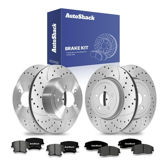 AutoShack Front Vented & Rear Vented Drilled & Slotted Silver Zinc Coated Brake Rotors   Ceramic Pads 12-PC Brake Kit Replacement for 2015-2018 Dodge Challenger 2016 Chrysler 300 SilverShield Pro