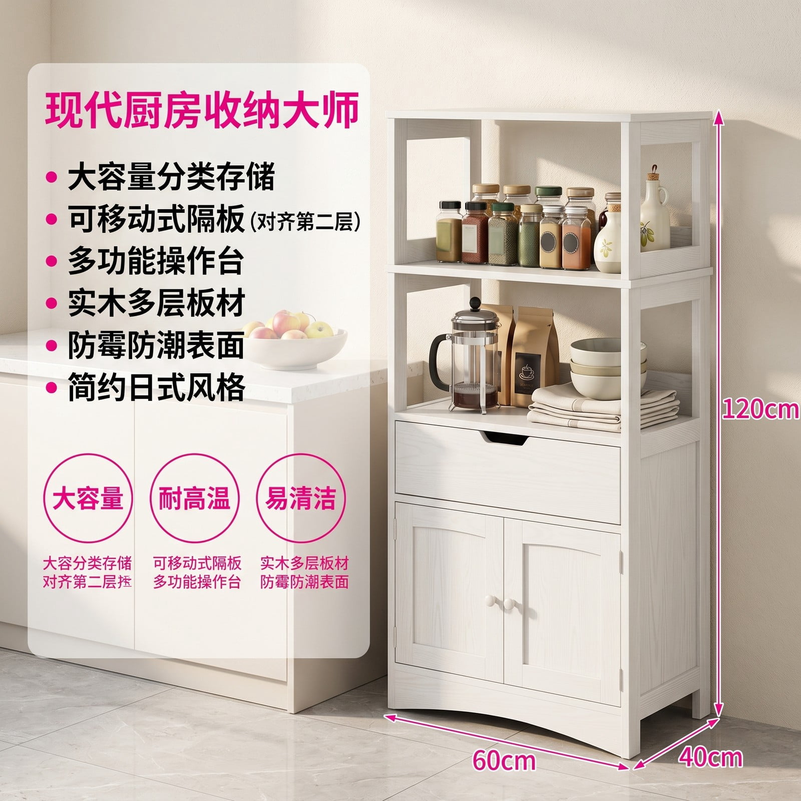ALPULON Bathroom Storage Cabinet with Drawer and Shelf, Freestanding Floor Cabinet, Waterproof MDF Organizer for Bathroom Bedroom Living Room Entryway, Anti-Tip, White