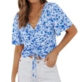 thumbnail image 1 of Xuanfei Women Floral Printed V Neck Drawstring Ruched Flare Sleeve Chiffon Blouse, 1 of 2